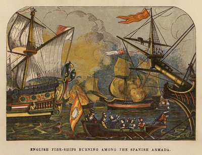 Engelske brandskibe brænder blandt den spanske armada (koloreret stik) af English School