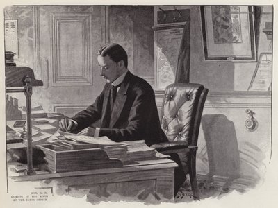 Den engelske politiker George Curzon på arbejde på sit kontor i Indienkontoret (litografi) af English School
