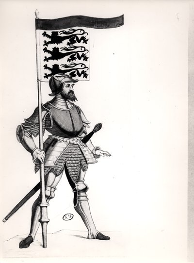 Engelsk soldat holder en standard med de tre løver i England af English School