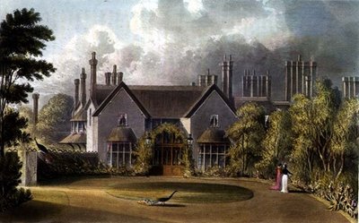 Indgangsfacade til Hans Majestæts Cottage, Windsor Great Park, fra R. Ackermanns (1764-1834) "Repository of Arts af English School
