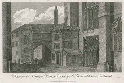 Indgang til Montague Close og en del af St Savios Church, Southwark, Surrey af English School