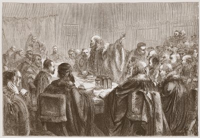 Episcopius henvender sig til medlemmerne af Synoden i Dort, illustration fra The History of Protestantism af James Aitken Wylie (1808-1890), pub. 1878 af English School