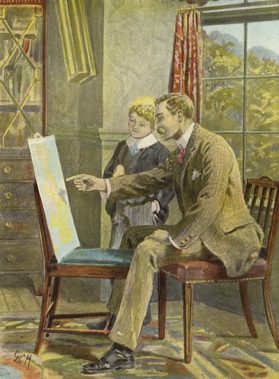 Eric og hans far snakker om en flod (farve litho) af English School