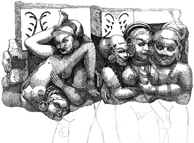 Erotisk relief fra Elephanta-hulerne, Indien af English School