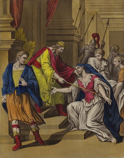 Esther før Ahasverus (farve litho) af English School