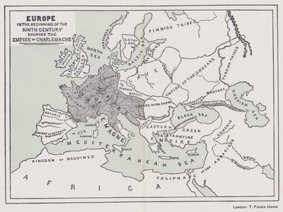 Europa i begyndelsen af det nittende århundrede med Karl den Stores imperium (farvelitografi) af English School