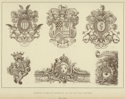 Eksempler på heraldiske designs fra XVII og XVIII århundreder (litho) af English School
