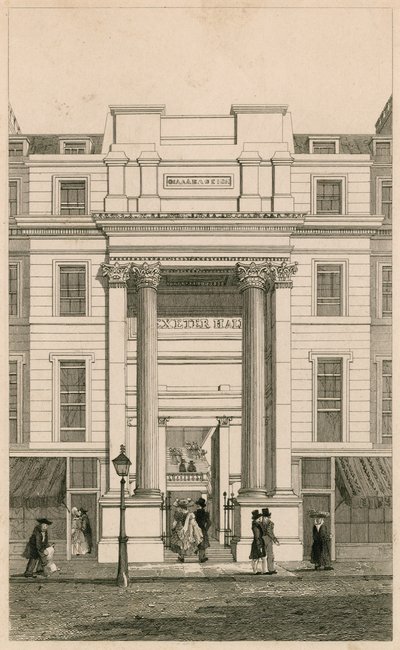 Exeter Hall, Strand, London; fra Gentlemans Magazine; bevis af English School