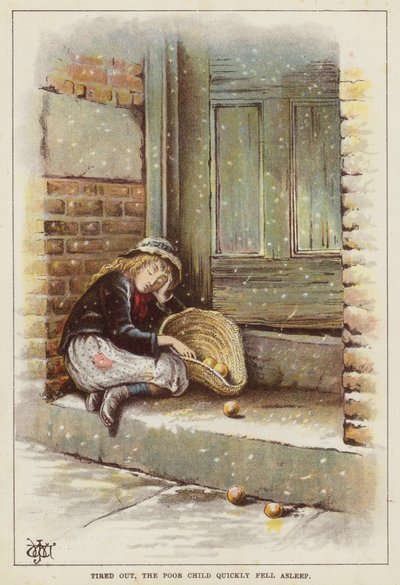 Udmattet barn sover på et dørtrin i sneen (chromolitho) af English School