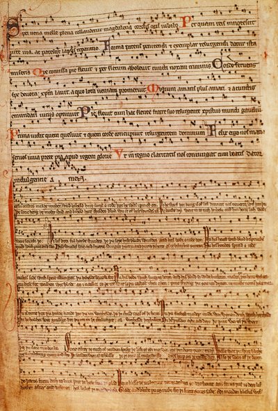 F.154v middelalderlig musiknotation (litho) af English School