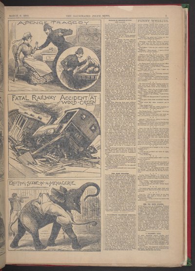 "DØDELIG JERNBANEULYKKE VED WOOD-GREEN". Illustrated Police News, 9. marts 1895 (avispapir) af English School