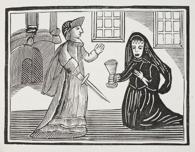 Fair Rosamond bliver forgiftet af dronning Eleanor, illustration fra Chap-books of the Eighteenth Century af John Ashton, pub. 1882 af English School