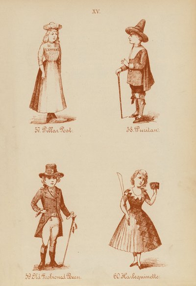 Udklædningstøj: Pillar Post, Puritan, Old Fashioned Bean, Harlequinette (litho) af English School