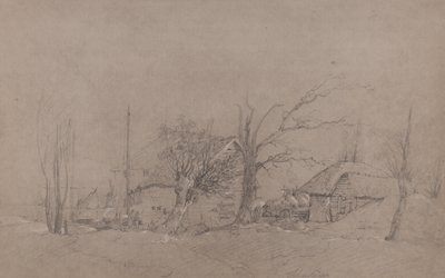 Gårdsbygninger ved en flodbred, ca. 1840 af English School