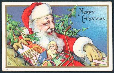 Weihnachtsmann liefert Spielzeug aus, Weihnachtskarte von English School