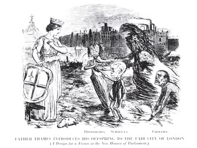 Fader Thames introducerer sit afkom til Fair City of London, et design til en fresco i de nye Houses of Parliament af English School
