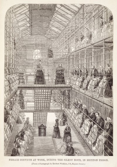 Kvindelige straffefanger på arbejde under den stille time i Brixton Prison, fra The Criminal Prisons of London og Scenes of Prison Life af Henry Mayhew (1812-87) og John Binny, 1860 af English School