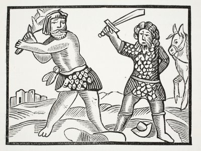 Ferragus rejser en mægtig hær og belejrer byen Acquitain, illustration fra Chap-books of the Eighteenth Century af John Ashton, pub. 1882 af English School
