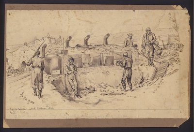 Feltkøkken ind til fæstningen Nis, Serbien, Serbo-Bulgarsk krig, 28. november 1885 (tegning) af English School