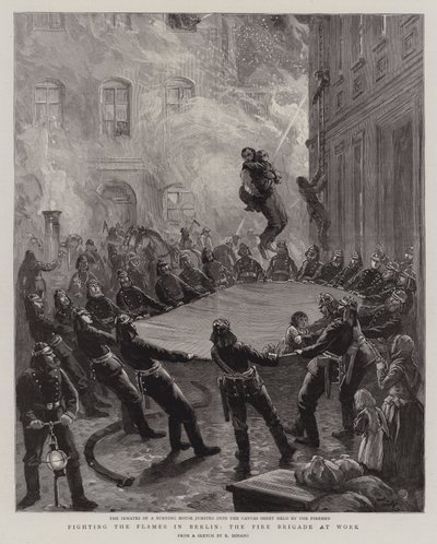 Kampf gegen die Flammen in Berlin, die Feuerwehr im Einsatz (Gravur) von English School