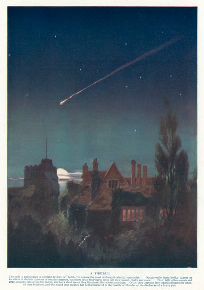 Ildkugle forårsaget af en stor meteor, der trænger ind i jordens atmosfære (farve litho) af English School