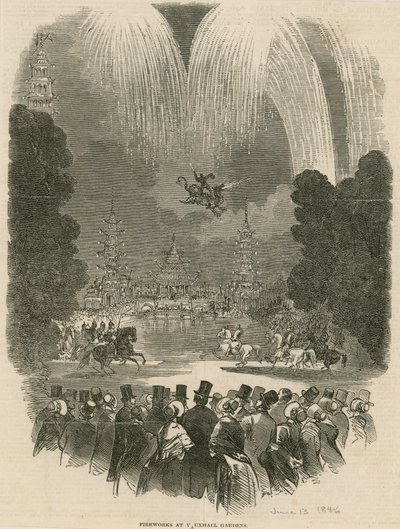 Fyrværkeri i Vauxhall Gardens, London af English School