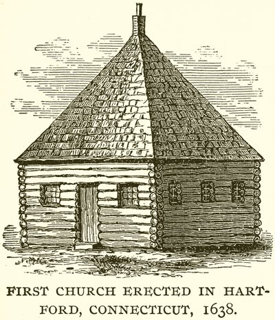 Første kirke opført i Hart-Ford, Connecticut, 1638 af English School