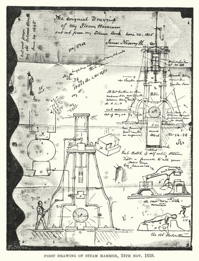 Første tegning af Steam Hammer, 24. november 1839 (gravering) af English School