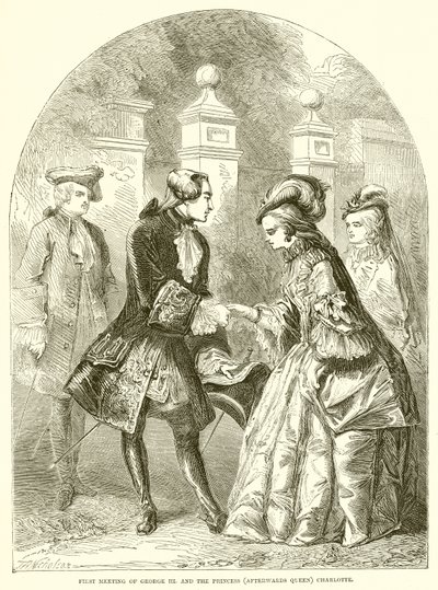 Første møde med George III. og prinsessen (bagefter dronning) Charlotte af English School