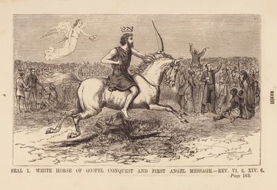 Første segl, den hvide hest fra evangeliets erobring og den første engels budskab (gravering) af English School