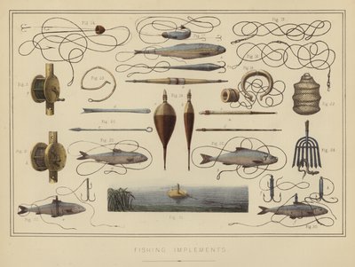 Fiskeredskaber (farve litho) af English School