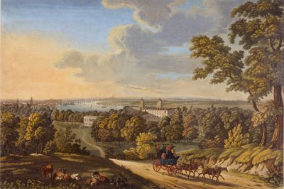 Flamstead Hill, Greenwich: Stagecoach på vej mod syd ca. 181020 (wc på papir) af English School