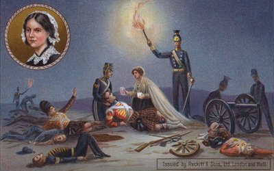 Florence Nightingale behandler sårede britiske soldater på slagmarken, Krimkrigen af English School