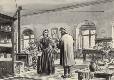 Florence Nightingale arbejder på hospitalet i Scutari (gouache på papir) af English School