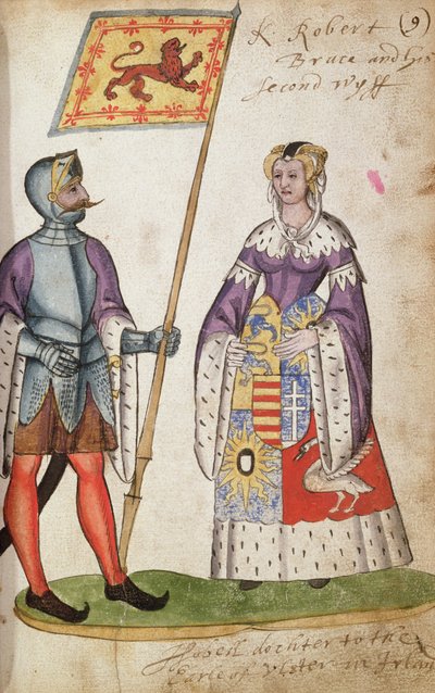 Fol.9 Robert the Bruce and his second wife, Elizabeth de Burgh, from the Seton Armorial, 1591dani af English School