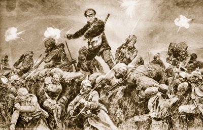 Til ære for Raj: Indiske tropper angriber de tyske skyttegrave ved Neuve Chapelle, marts 1915, 1914-19 af English School