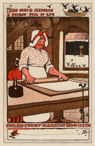 Fire og tyve solsorte bagt i en tærte (farve litho) af English School
