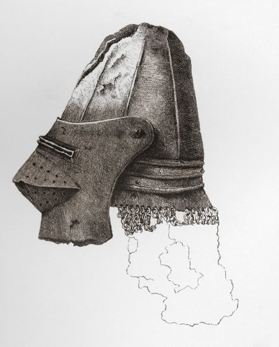 Fjortende århundrede Visored Bassinet, næsten kugleformet, med Camailie vedhæftet, fra Warwick Castle. Fra The British Army: Its Origins, Progress and Equipment, udgivet 1868. af English School