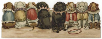 Vorder- und Rückseite einer Karte mit Hunden in Zirkuskostümen von English School