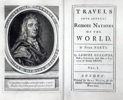 Frontispice og titelblad til Gullivers Travels af Jonathan Swift, 1726 af English School