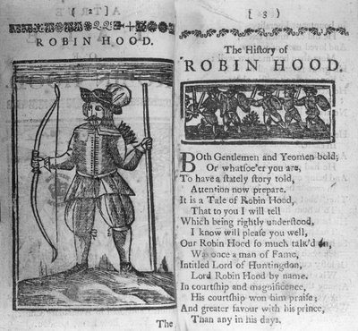 Frontispice og åbningslinjer til The History of Robin Hood af English School