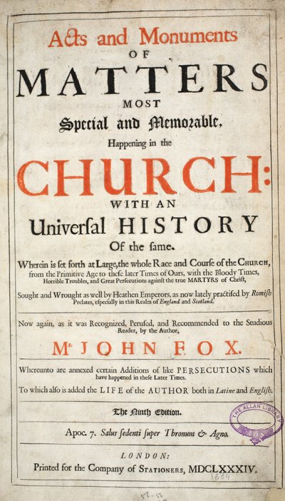 Frontispice, fra Acts and Monuments af John Foxe, niende udgave, pub. 1684 af English School