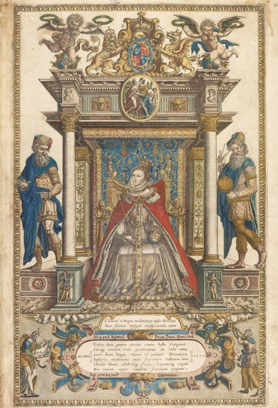 Frontispice af Atlas of the Countries of England and Wales af Christopher Saxon, London 1579 (håndkoloreret gravering) af English School