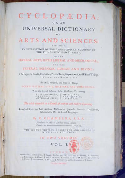 Frontispice of Encyclopaedia: An Universal Dictionary of Arts and Sciences, Vol. I, af Ephraim Chambers, London, 1738 (trykt papir) af English School