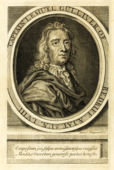 Frontispice-portræt af kaptajn Lemuel Gulliver fra 