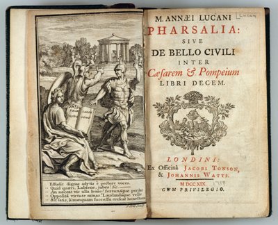 Frontispice til Pharsalia eller Borgerkrigen mellem Cæsar og Pompejus af Marcus Annaeus Lucan (AD 39-65) graveret af J. Cole, 1719 af English School