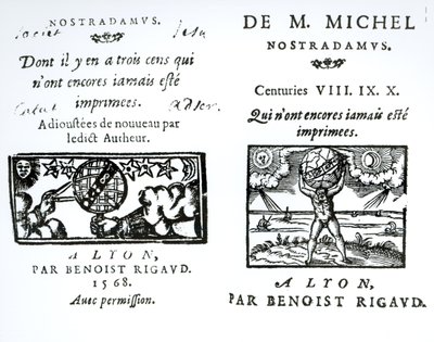 Frontispice til The Prophecies of M. Michel Nostradamus, pub. af Benoist Rigaud, 1568 af English School