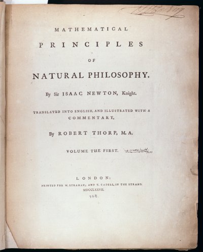 Frontispice til bind I af The Mathematical Principles of Natural Philosophy af Sir Isaac Newton (1642-1727) 1777 af English School