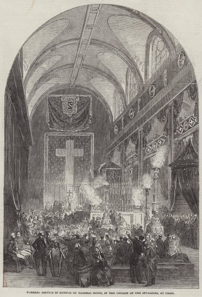 Begravelsesgudstjeneste til ære for marskal Soult, i Invalides-kirken, i Paris (gravering) af English School