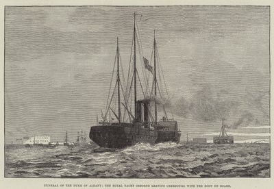 Begravelse af hertugen af Albany, Royal Yacht Osborne, der forlader Cherbourg med liget om bord (gravering) af English School